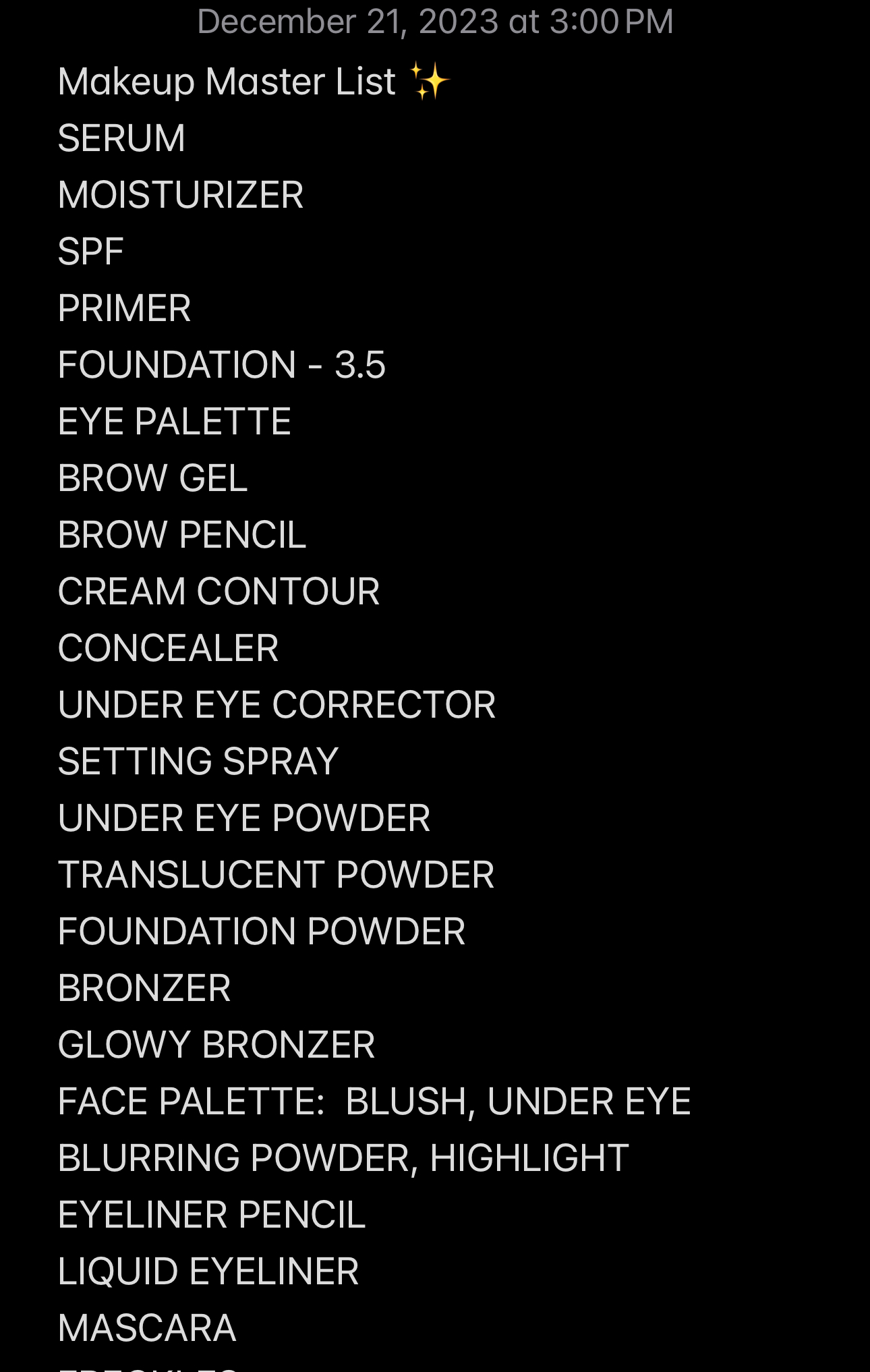 Makeup Master List | 12.2023